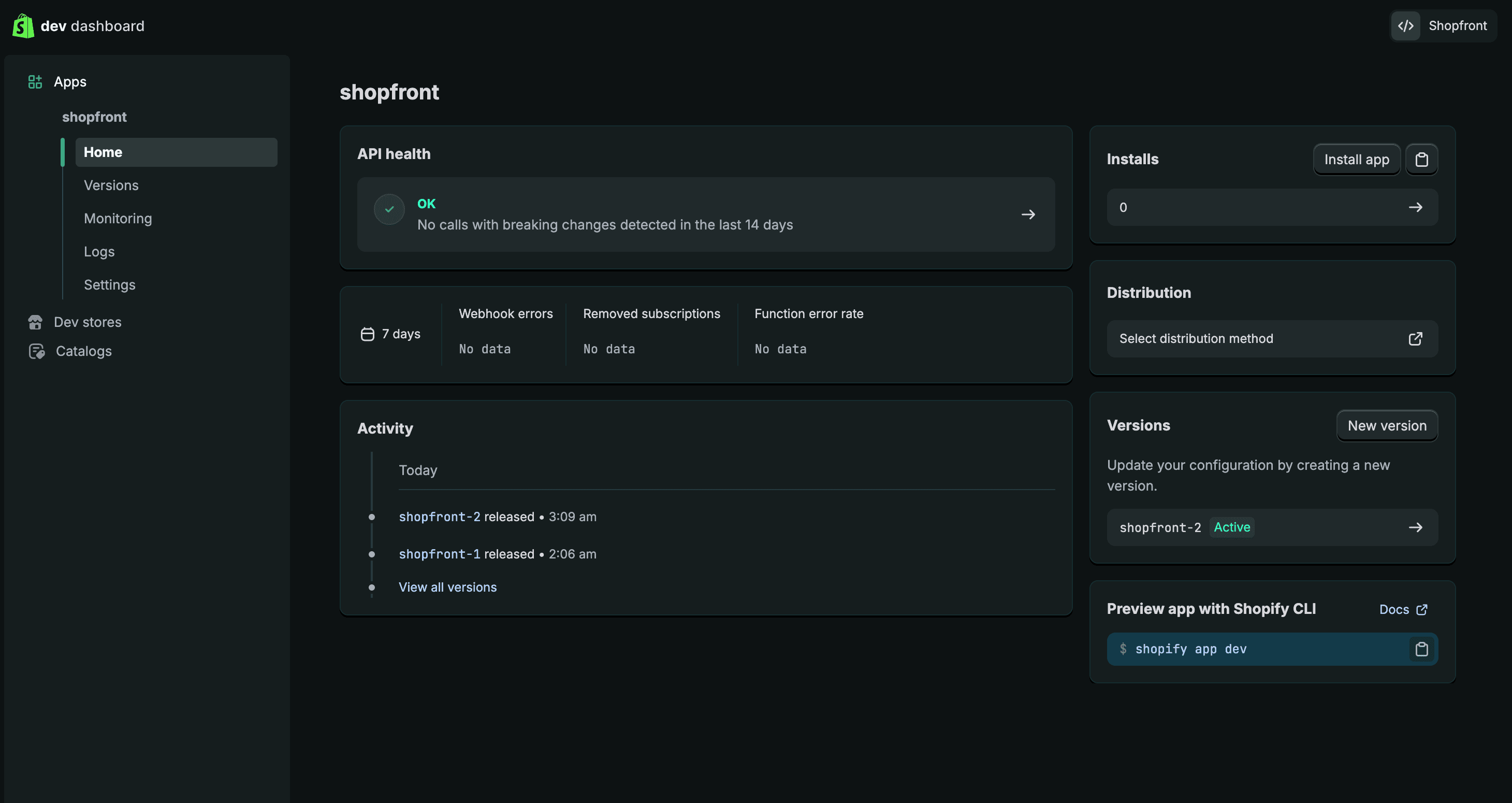 Shopify app home