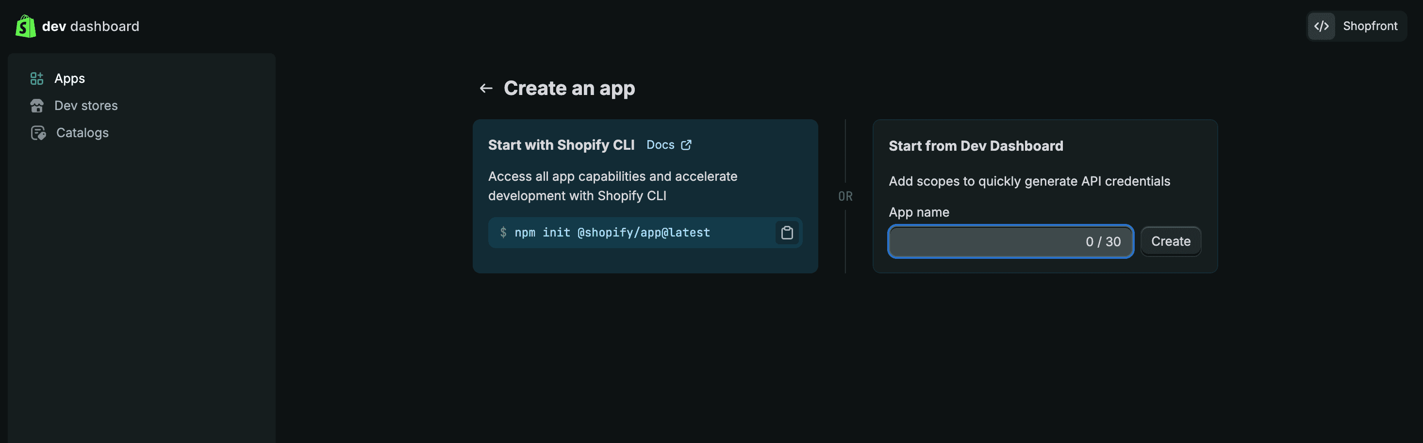 Shopify create an app