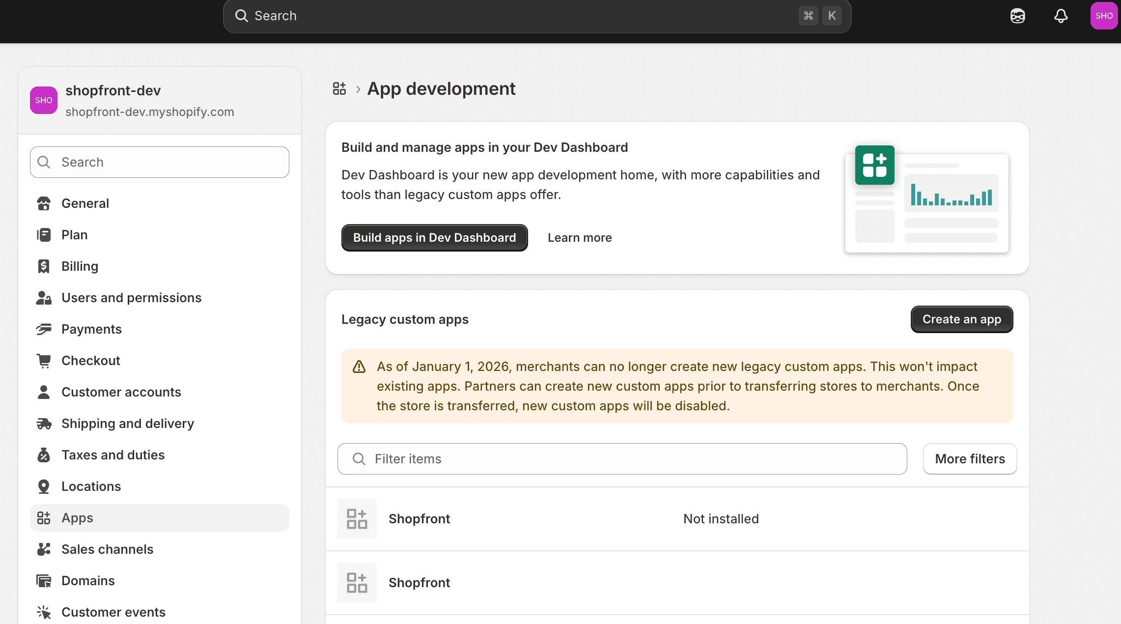Shopify app development page