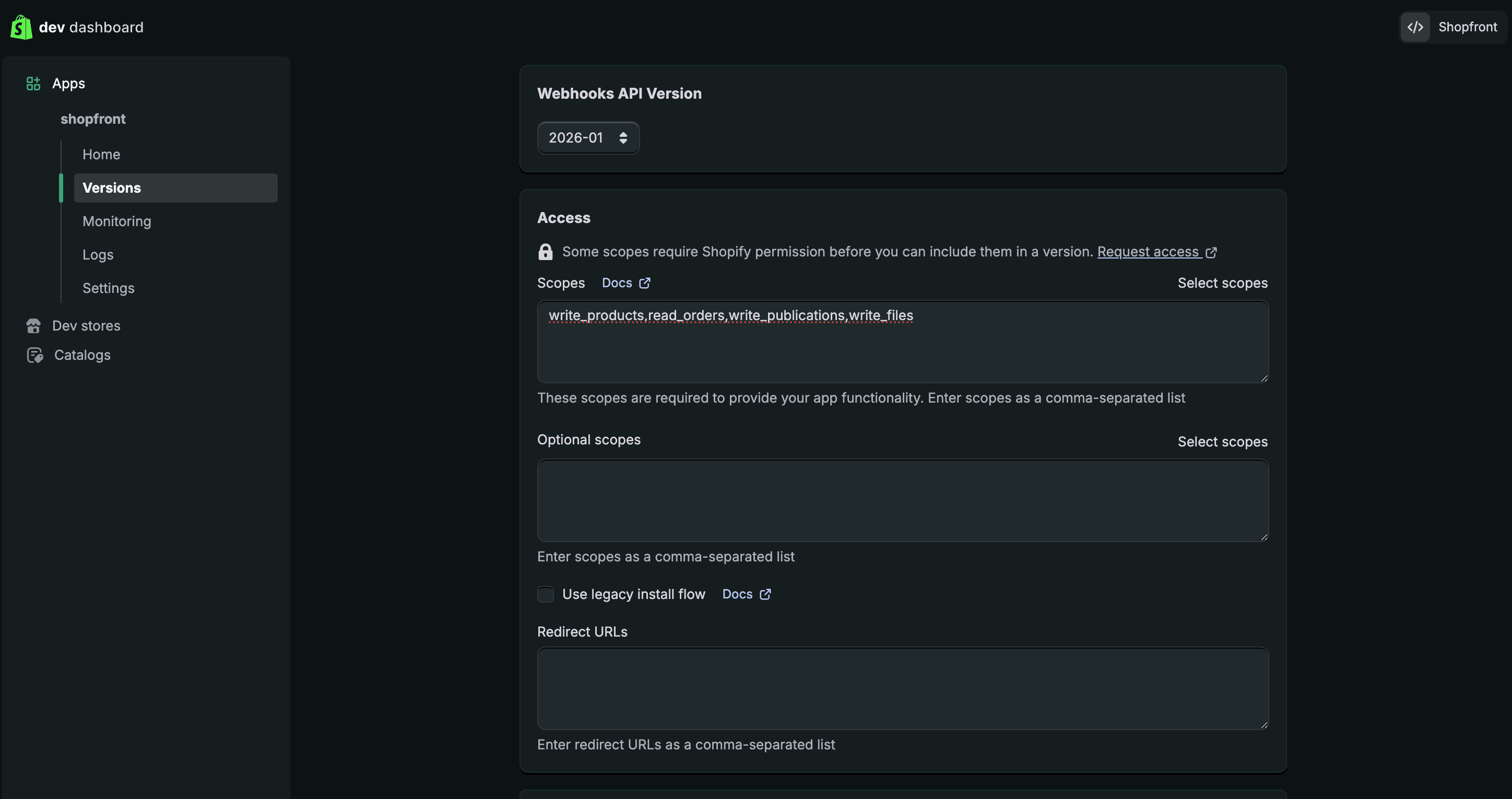 Shopify scopes filled in