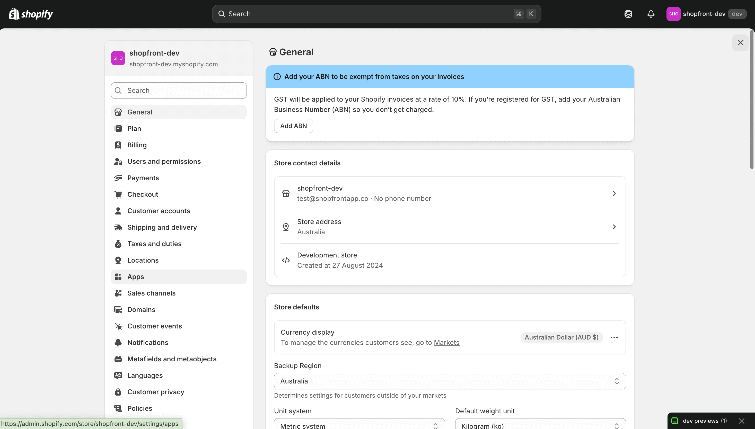 Shopify settings page
