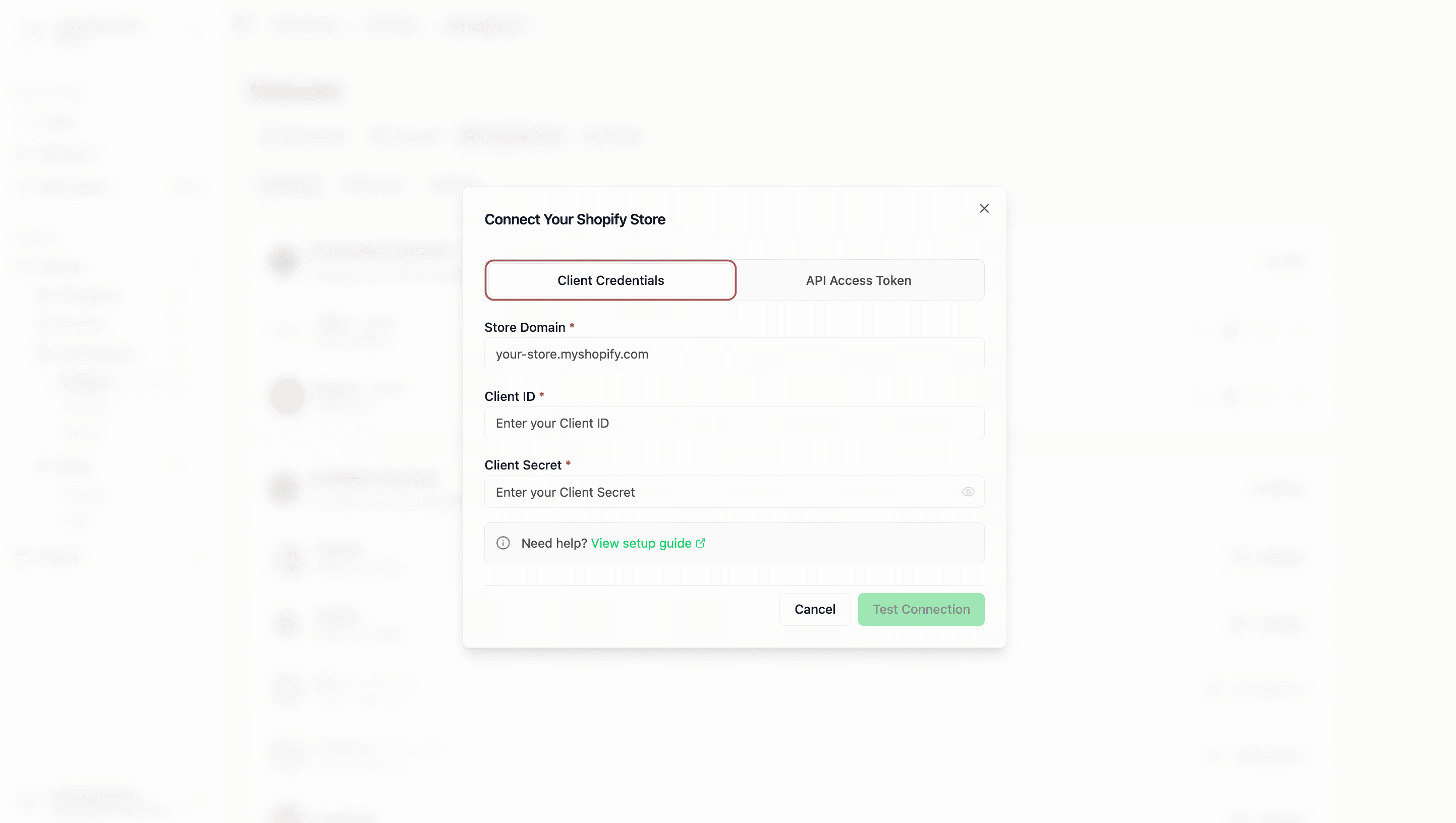 Shopfront Shopify connection modal